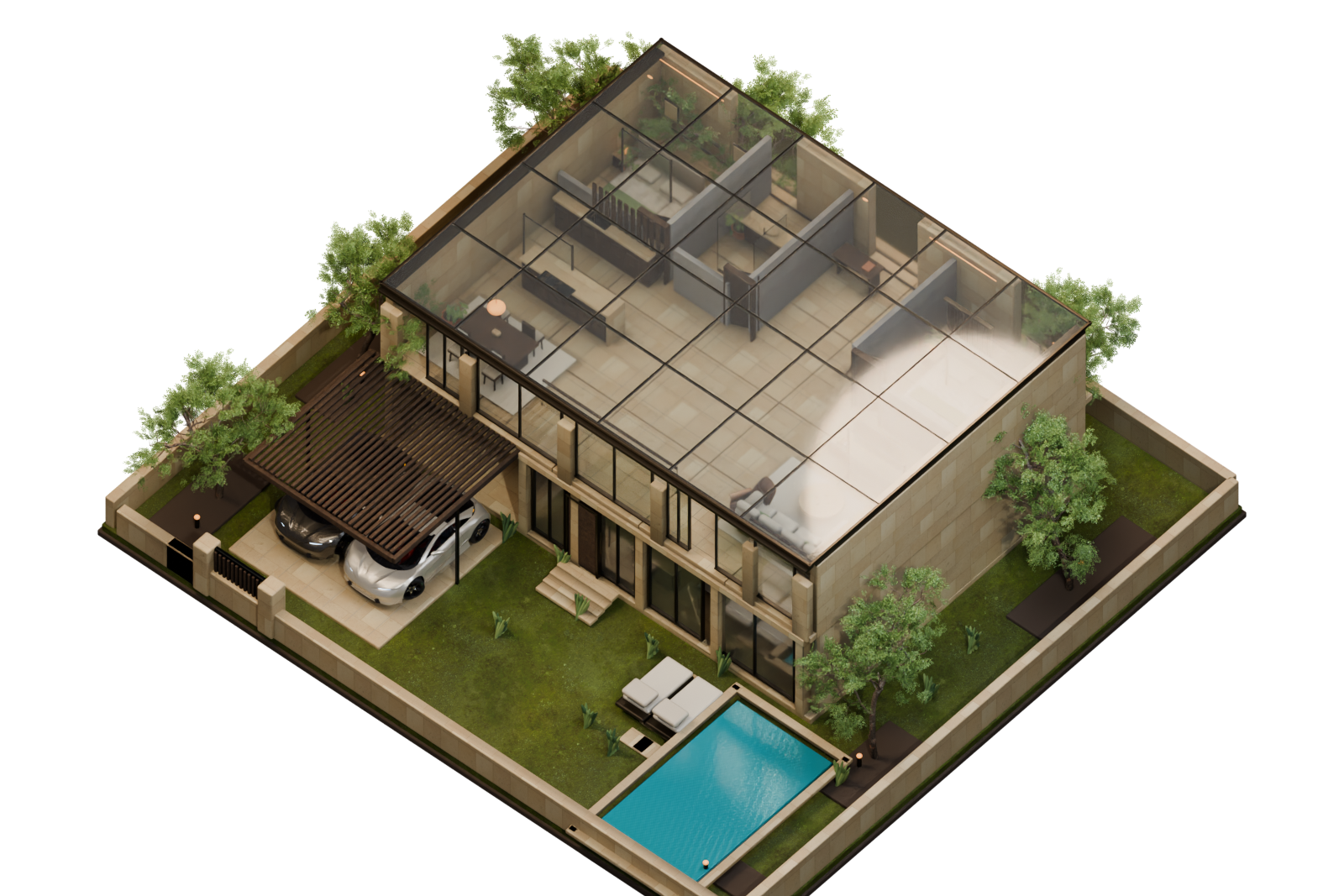 A furnished luxury villa with a pool, garden, and carport.